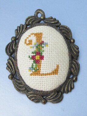 The Creative Circle Handmade Cross Stitch Initial "L" Vintage Pendant Brooch Pin